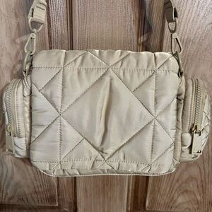 Pajar Quilted Puffer Nylon Adjustable Strap Crossbody Sling Tan Purse Bag